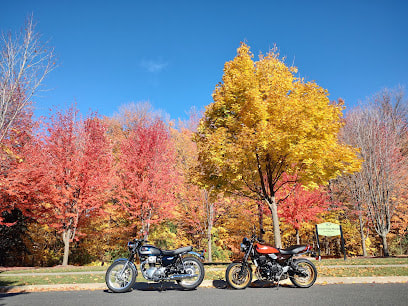 Motorcycles on the street with trees in the background in the fall in Cachet, Markham, Ontario